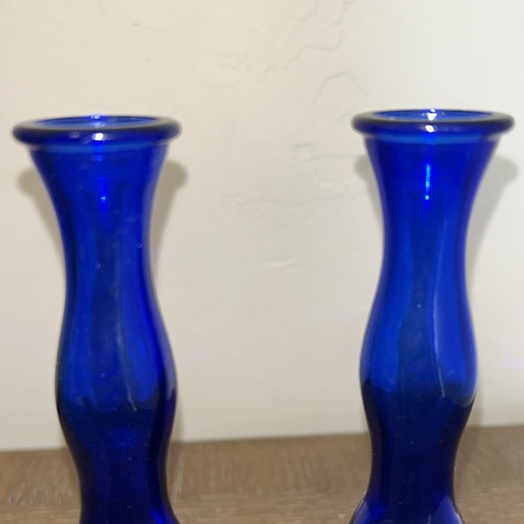 Pair Of COBALT BLUE BUD VASE WAVY BUBBLED LONG TALL NECK USA VINTAGE - Picture 6 of 9